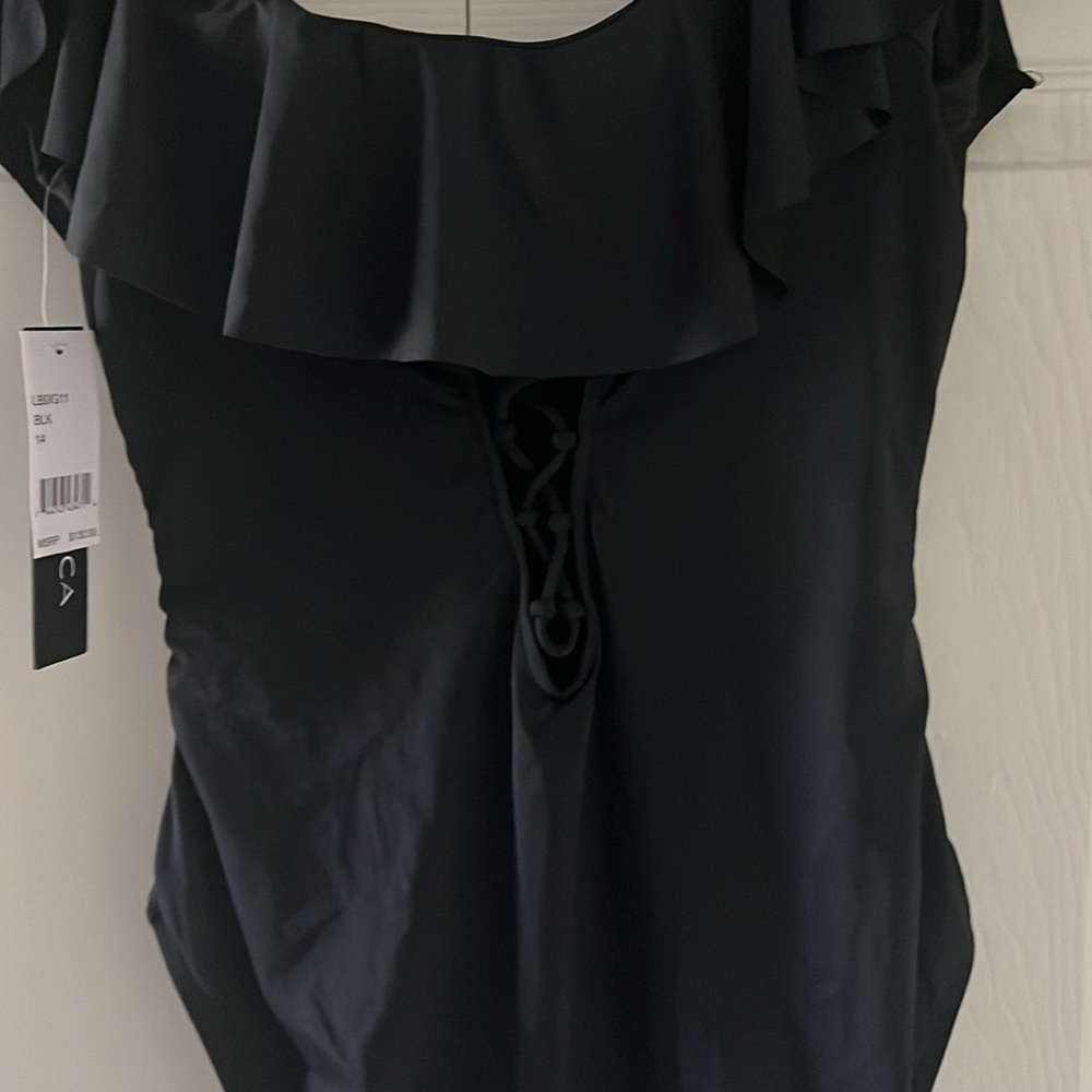La Blanca Black Island Goddess Off The Shoulder Ruffle One Piece Swimsuit 14 NWT - Picture 4 of 13